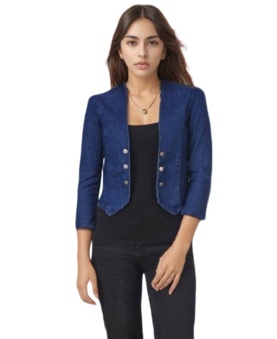 ootptaang Women's Denim Coat, Navy Blue, Button Front, 3/4 Sleeve, Cropped Style-picture-56