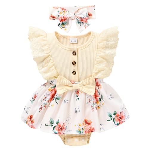 Image of Sinhoon Baby Girl Clothes Newborn Ruffled Sleeveless Romper Floral Dreesy Bodysuit Heaedband 3pcs Baby Girl Summer Clothes