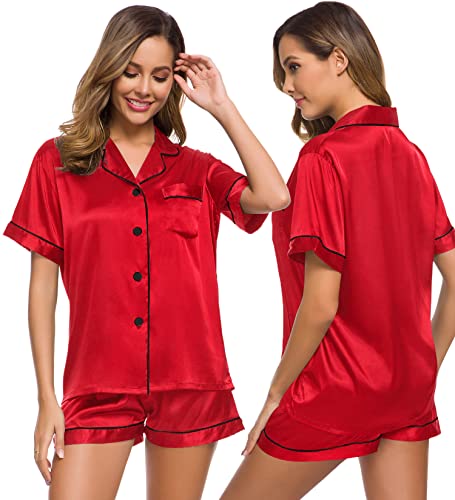 Image of SWOMOG Womens Silk Satin Pajamas Set Short Sleeve Sleepwear Button Down Top and Shorts Loungewear 2 Piece Pjs Set XS-3XL