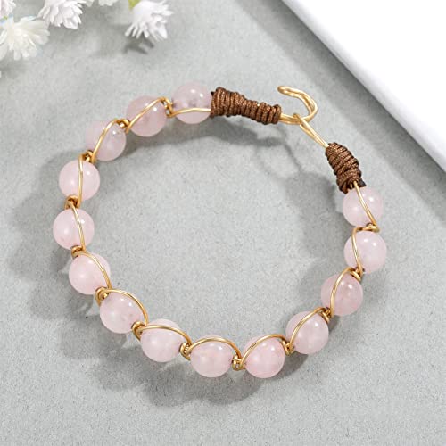 Bracelet de quartz rose naturel et perles brutes tressées main pour femme