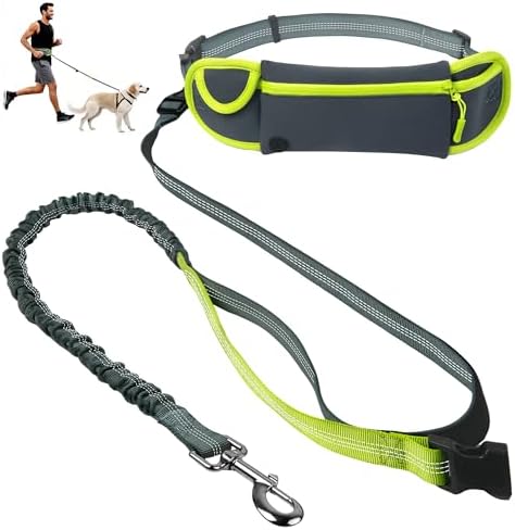 Hands Free Dog Leash with Zipper Pouch, Waist Leash for Dog Walking, Running and Hiking, Adjustable Belt with Handle, Reflective Bungee Design for Large & Medium Dogs