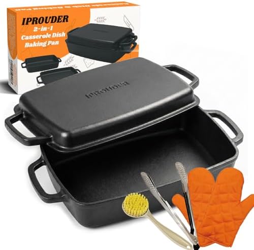 2-in-1 Pre-Seasoned Cast Iron Casserole Dish with Lid, Rectangula...