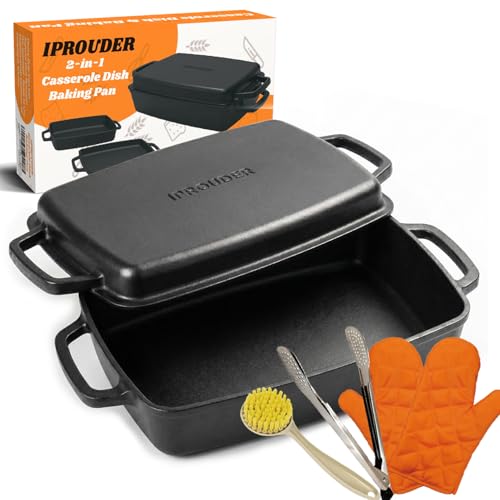 Iprouder 2-In-1 Pre-Seasoned Cast Iron Casserole Dish