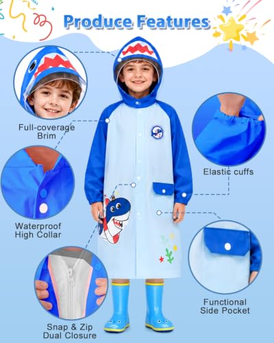 Image of ANYCHO Raincoat for Kids 3-7 Years with Wide Brim & Backpack Space, Knee-Length EVA Kids Raincoat for Boys with Safe Reflective Strips