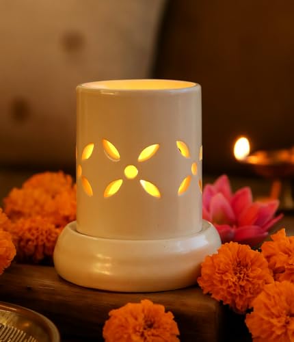Image of Mkd2 Rise Handcrafted Ceramic Electric Round Shaped Aroma Diffuser | Aroma Oil Burner for Aromatherapy | Home Decor and Fragrance (Ivory White)