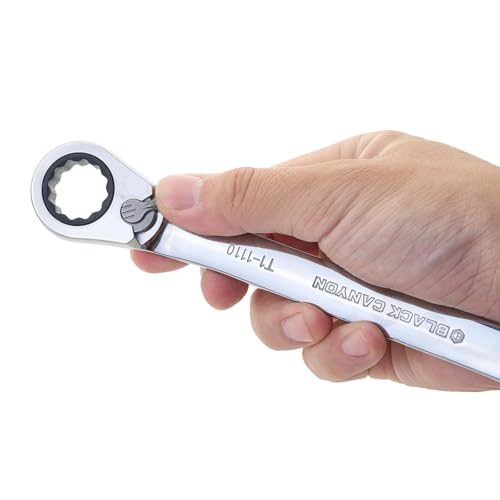 Image of BLACK CANYON 11 /16 Inch Ratchet Combination Wrench, 12-Point Box End & Hex Opening, Polished Steel Ratcheting Wrench with SAE & Metric Sizes