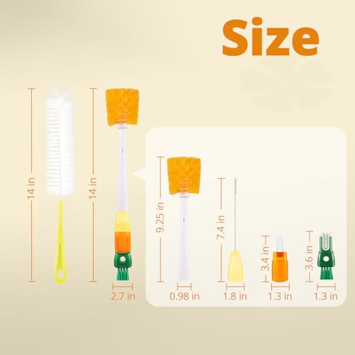 Image of OUTXE 5 Pack Bottle Brush Set, 5-in-1 Water Bottle Cleaner Brush, 15 inch Long Handle Bottle Cleaning Brush, 3 Straw Brush, Removable Nipple Brush, Detail Brush for Cup Lid Gap, WBBSBLB5