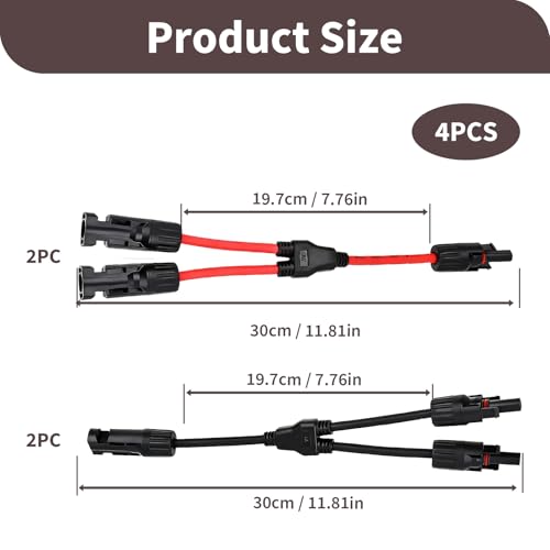 2 Paar Solarkabel Y Verteiler, Y Stecker Solar, MC4 Stecker für Parallel-Photovoltaik-Anschluss, 4mm² Solarpanel Kabel MMF + FFM Y-Zweig Adapter, 30A Nennstrom, IP67 wasserdicht, für Solarmodule