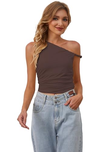 MISSACTIVER Women’s Off Shoulder Ruched Crop Tank Tops One Shoulder Twist Strap Crop Tops Summer Going Out Top Crop Shirts4