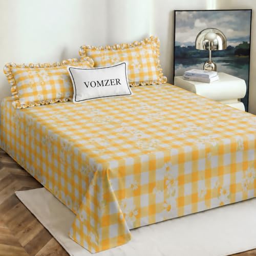 Image of VOMZER Cotton Feel King Size Flat Bedsheet for Double Bed, 1 Cotton Feel Bed Sheet Double Bed (90x100 Inches) with 2 Frill Pillow Cover, Yellow Check