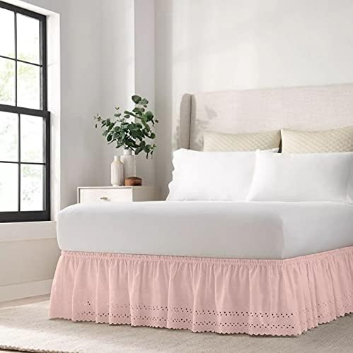 EASY FIT Eyelet Elastic Wrap Around Dust Ruffle Bed Skirt (18 Inch Drop), Twin/Full, Rose