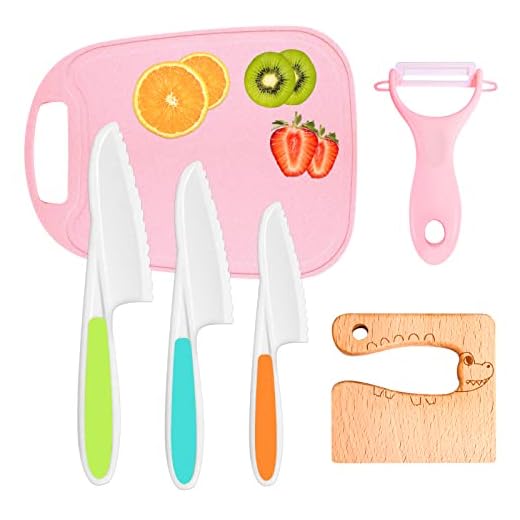 6pcs Kids Kitchen Knife Set, Wooden Kids Knives, Plastic Kids Kitchen Knives with Crinkle Cutte, Peeler and Cutting Board , Nylon Toddler Cooking Knives for Salad, Fruits,Cake, Bread