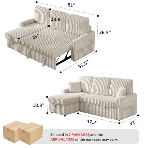 Image of KCGKCG 81 inch Sectional Sleeper Sofa Bed, Pull Out Couches for Living Room | Pull Out Sofa Bed with Storage Chaise, Dual Cup Holders, Side Storage Pocket, Charging Station, Plush Corduroy Fabric