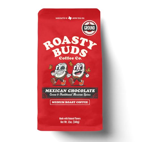 Roasty Buds Mexican Chocolate Coffee Grounds | Café Mexicano 100% Arabica Coffee, Natural Cinnamon Flavors (12 oz) | Gluten-Free, Non-GMO, No Sugar | Medium Roast (12 Ounce, Mexican Chocolate Ground)