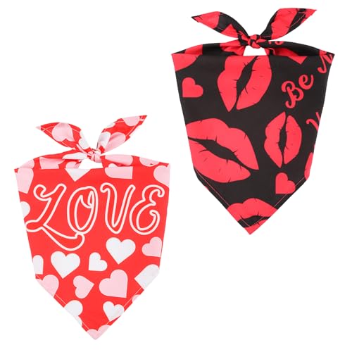 2pcs Valentine's Day Dog Bandanas, 2 Styles Universal Size Dog Scarf Bibs Triangle Romantic Holiday Dog Costume for Small, Medium, Large Dog Cat (Love Heart, Black Lip)