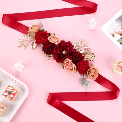 Burgundy Red Flower Belt Maternity Sash, Rose Gold Handmade Flower Belly Belt for Wedding Baby Shower Gender Reveal Party Decorations Supplies Photo Props3