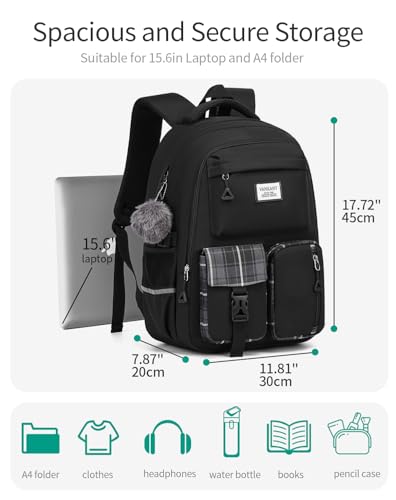 Image of School Backpack for Teen Girls, Big Student Laptop Backpack Aesthetic Bookbags for College Women Elementary Middle High School Travel Mochilas Escolares, Black
