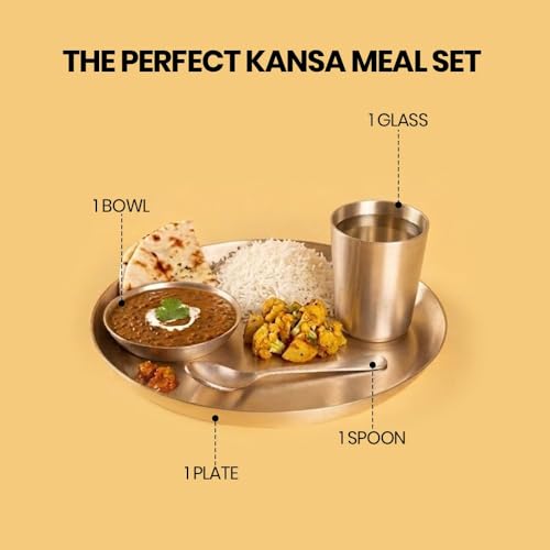 Image of Pure Kansa Dinner Set 4 Pieces | Bronze Thali Set 8 Inch Plate, 1 Bowl, 1 Glass, 1 Spoon | Handcrafted Ayurvedic Kansa Utensils | Matte Finish | Gift for Diwali Wedding Housewarming