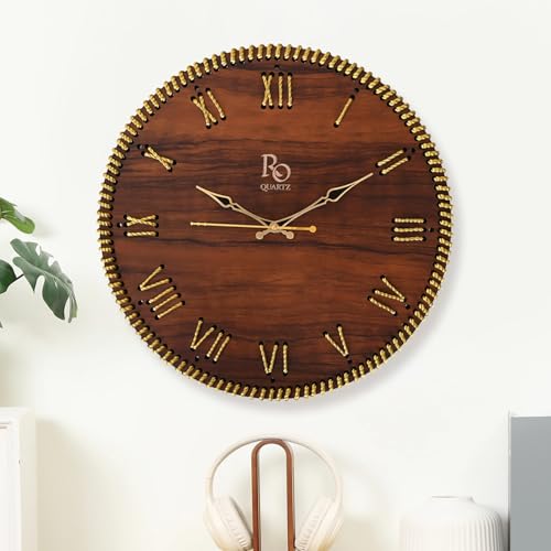 Image of Wooden Round Shape Roman Dial Wall Clock with Gold Zari Rope Detailing and Golden Hands | Silent Quartz Movement Anti Reflection Analog Vintage Clock for Home & Office (Brown, 15.5 Inch)