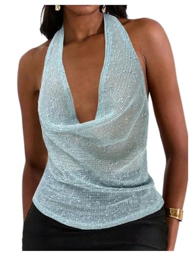MakeMeChic Women's Sparkly Sequin Tops Cowl Neck Halter...