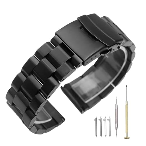 Image of Kai Tian 22mm Metal Watch Strap Band for Men Women, Black Screw-in Watch Bracelets with Duty Deployment Clasp Brushed Finish Watch Straps Replacement