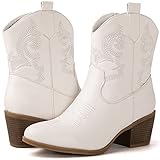 GLOBALWIN Women's White Cowgirl Boots Ankle To Mid Calf Fashion Western Cowboy Boots For Women Chunky Low Heel Size 10M