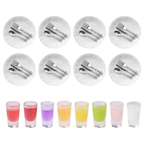 CVDYWDJIE 8 Ensembles De Modèles De Vaisselle Et 8 Tasses De Modèles De Jus, Vaisselle Miniature Simulée, Accessoires De Maison De Poupée, Mini Modèles De...