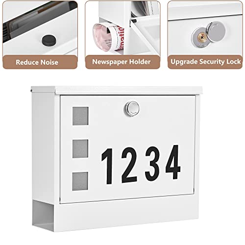 Land·voi Locking Mailbox Wall Mounted, Metal Postbox With Three Sets Of Mail Box Number Stickers, 4 Keys, 14.4" X 4.5" X 11.2", Large Capacity, Textured White #TOP3