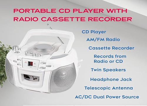 HANNLOMAX HX-338CD CD Boombox, AM/FM Radio, Cassette Recorder, Records from CD or Radio, Headphone Jack, LED Display, AC/DC Dual Power Source. (White)