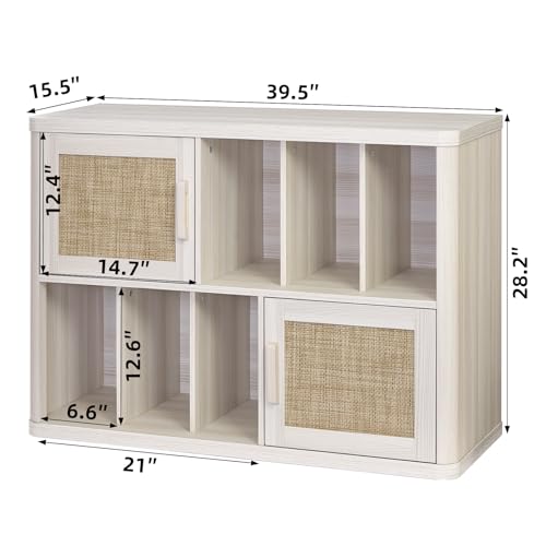 Image of LEYAOYAO Large Record Player Stand with Vinyl Storage Up to 450 Albums, Wood Rattan Boho Record Storage Accent Cabinet, Modern Stereo Media Cabinets, Turntable Stand for Living Room, White Cream Oak