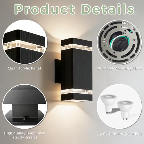 Image of JYV Square Outdoor Wall Lights, Up and Down Porch Lights, Black 4 Pack | Aluminum Exterior Lighting Fixtures with 2 * 7W Bulbs 3000K, Waterproof Outdoor Sconces Wall Lighting, for House Porch Garage