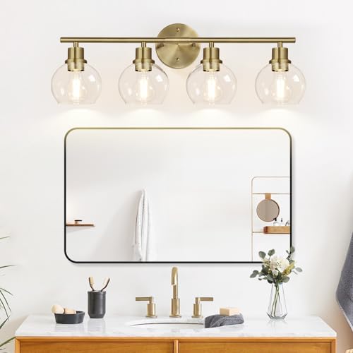 Image of Indoi 4-Light Bathroom Light Fixtures, Brushed Brass Bathroom Lights Over Mirror with Clear Glass Globe Shade, Vanity Lights for Bathroom Kitchen Living Room Hallway Cabinet Bedroom Porch