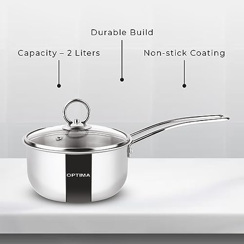 Image of Optima Triply Stainless Steel Sauce Pan with Glass Lid for Healthy Cooking 16cm