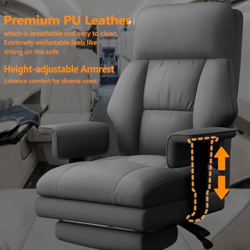 Image of Office Chair with Leg Rest, Leather High Back Executive Office Chair with Wheels, Ergonomic Desk Chairs with Lumbar Support for Home Office, Gray