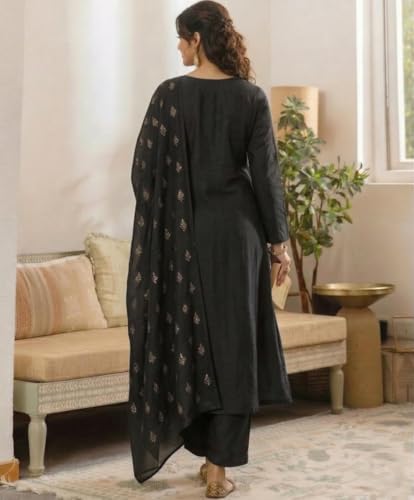 Image of ANNI Designer Women's Viscose Straight Printed Embroidery Kurta with Pant & Dupatta | Long Sleeve Ethnic Kurta Set for Women | Casual Office, Daily, Party Outfits