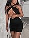 Women's Sexy Ruched Bodycon Halter Criss Cross Cut Out Backless Mini Club Party Dresses, Small, Black