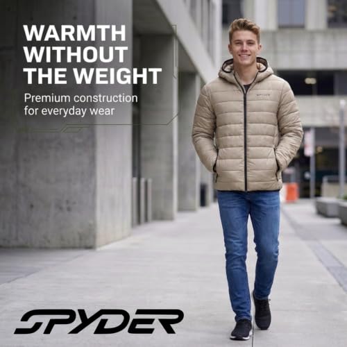 Image of Spyder Puffer Jacket Men - Packable Lightweight Quilted Hooded Winter Coat | Soft-touch insulation, packs into inner zip pocket, reversed coil zipper, zippered hand pockets