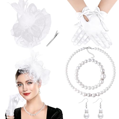 DRESHOW Fascinator Chapeau pour Femme Cocktail Tea Party Chapeaude Pilulier en Voile Maillé et Plumes Chapeau de Derby et Gants Ensemble de Bijoux en Perles...