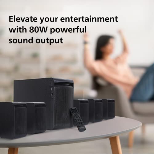 Image of Philips Audio TAV5557 5.1 Channel 80W Bluetooth Multimedia Speaker System with 5x15W Satellite Speakers, Multi-Connectivity Option with Supporting USB, AUX, FM & Remote Control (Black)