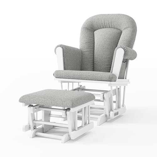 Image of Child Craft Cozy Glider Rocker and Ottoman Set, Smooth Quiet Gliding Motion, Padded Cushion with Convenient Storage Pockets, Solid Wood Base & Frame (Matte White with Gray Cushion)