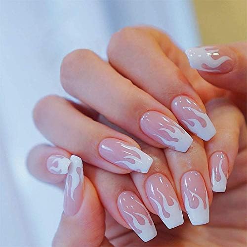 BABALAL 24Pcs Medium Coffin Fake Nails Pink White Flame False Nails Glossy Ballerina Press on Nails for Women and Girls