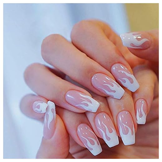 BABALAL 24Pcs Medium Coffin Fake Nails Pink White Flame False Nails Glossy Ballerina Press on Nails for Women and Girls