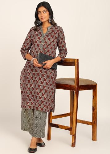 Image of BLOCKS OF INDIA Women's Solid Straight Kurta Set | Hand-Stitched Neck Details with Pintucks | Comfortable Pants with Pockets, Elastic Waist & Drawstring Fit