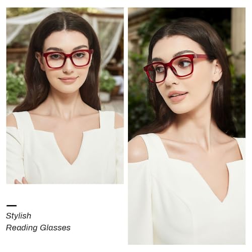 JiSoo Square Reading Glasses Women 1.75, Oversized Ladies Reading Glasses Thick Chunky Readers with Spring Hinge, Red - Image 2