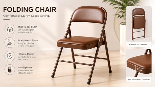 Image of MLU Foldable Padded Folding Chair with Cushion Seat & Backrest | Heavy Duty Steel Frame | Portable Space Saving Chair for Home, Office, Events (Brown, 1 Chair)