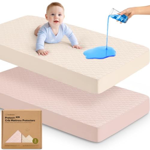 Image of 2-Pack Waterproof Crib Mattress Protector Cover Fitted - Quiet Baby Crib Mattress Pad Sheets, 52 inch x 28 inch Soft Quilted Cotton Baby Sheet, Machine Washable, Easy Fit, Durable (Cameo /Mavy)