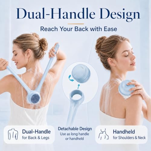 Electric Body Brush Back Scrubber for Shower, Waterproof Long Dual Handle Power Body Scrubber with 4 Heads, Bath Brush & 2 Speeds, for Cleansing, Exfoliating and Massaging Skin, Sky Blue additional image 1