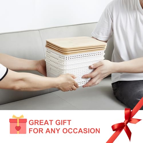 Bagnizer Small Plastic Storage Bins With Bamboo Lids 5.2Qt Stackable Box Basket Pantry Decorative Containers Cute With Lable For Organizing Desktop Closet Office Cream White Of 6 Packs 10*7.2*4.1'’ thumb #8