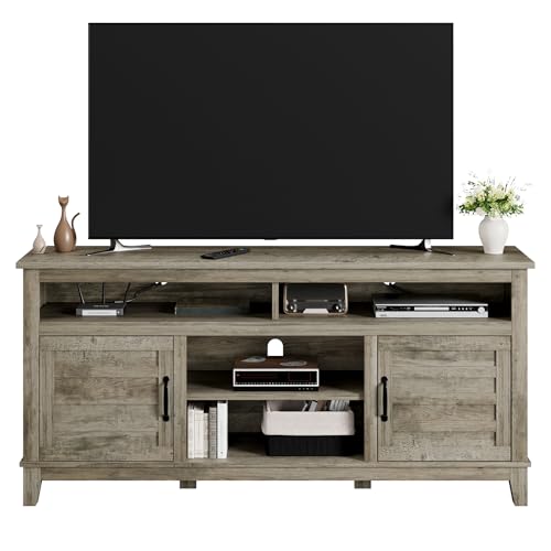 Image of 63 Inch TV Stand for Televisions Up to 70 Inches, Rustic Farmhouse Media Console with Height-Height-Customizable Shelves & Cabinet Doors, Entertainment Center for Living Room or Bedroom,Gray