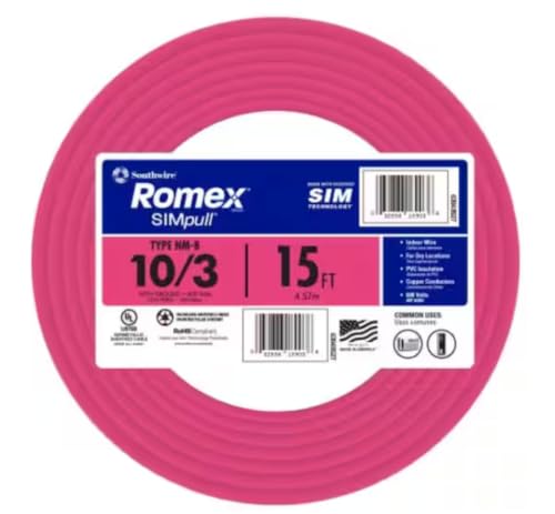 Câble NM-B Romex SIMpull 10-3 en cuivre gaine rose Southwire 4,6 m pour installation intérieure